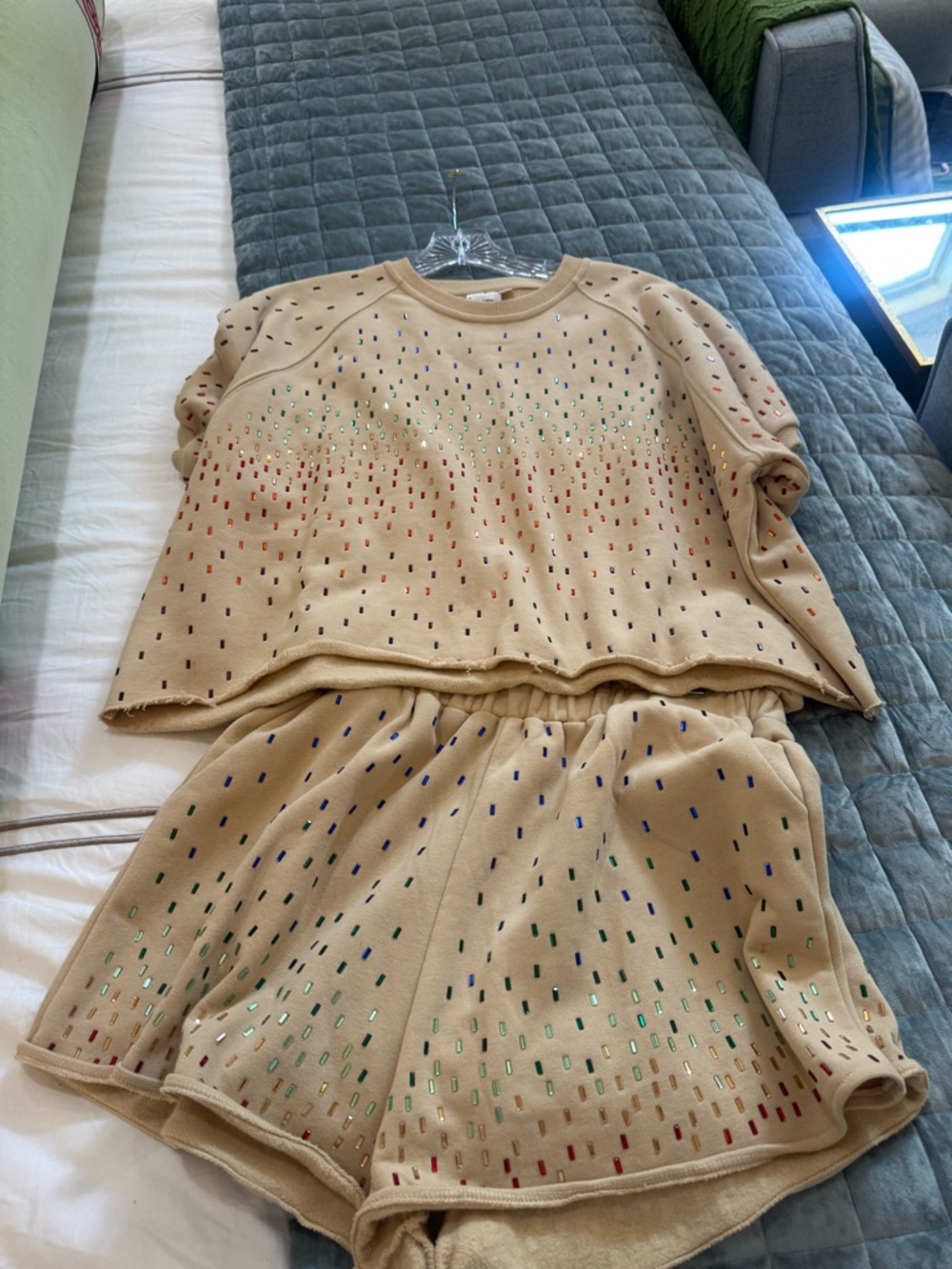 QUEEN OF SPARKLES Beige Pajama Set with Multicolor Metallic Accents